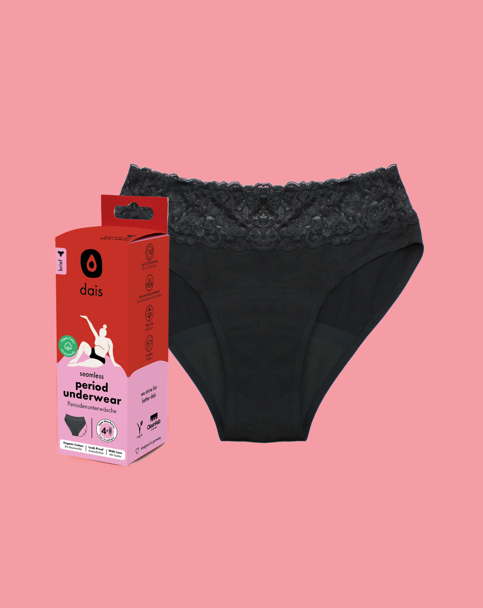 2 X Set Periodenunterwäsche - Brief mit Spitze - Bio-Baumwolle
