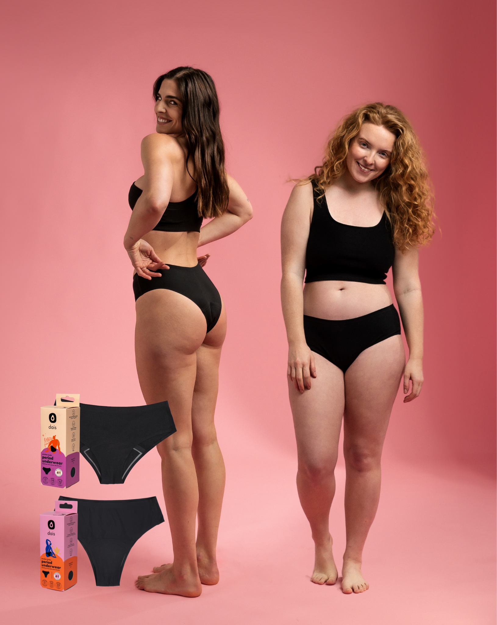 dais period underwear multipack with 2 units. One is the cheeky dais period underwear made of nylon and the other is the hipster dais period underwear made of organic cotton.