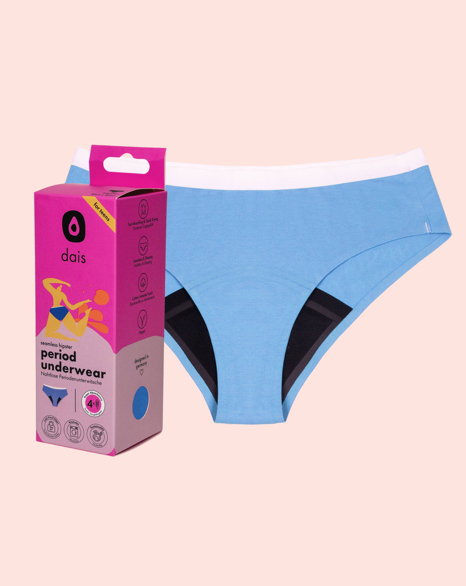 dais Period Underwear in hipster cut, blue colour with a white trim made of cotton. Designed for teenagers and super absorbent up to 4 tampons with of blood.