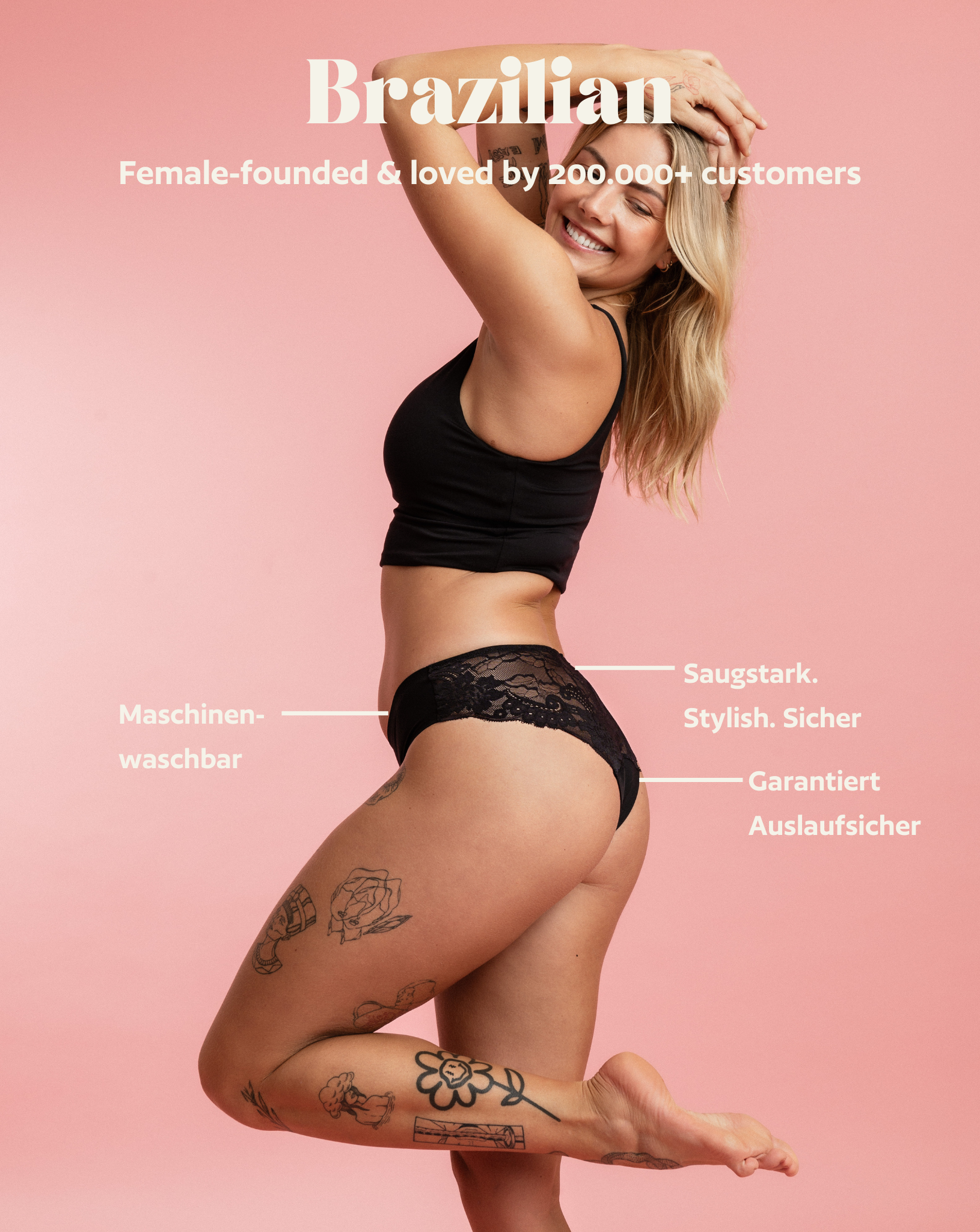 Periodenunterwäsche - Brazilian mit Spitze - Schwarz
