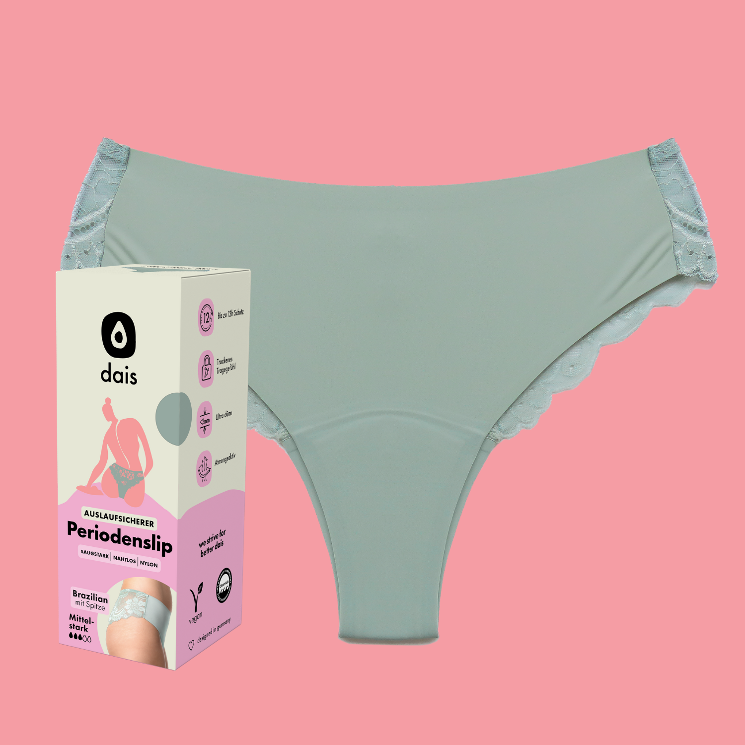 2x Set- Periodenunterwäsche- Brazilian mit Spitze Hinten- Matcha