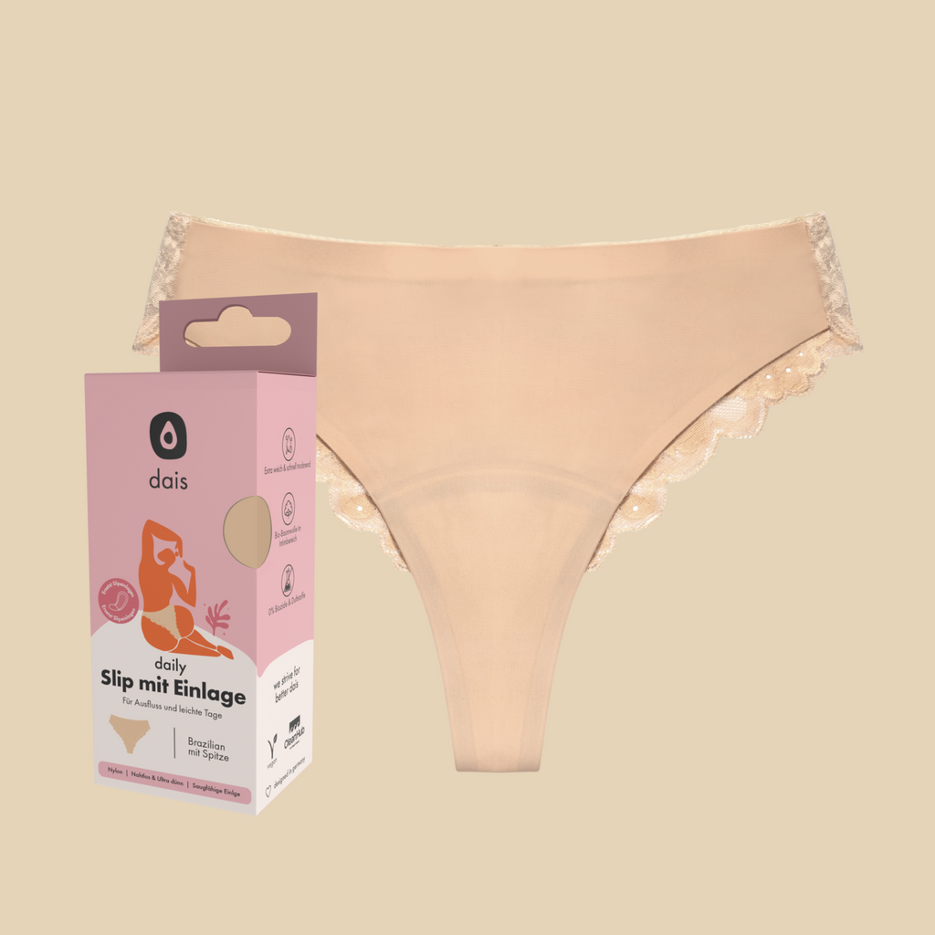 dais daily underwear in brazilian cut with lace in beige colour. Product shown with modern packaging. 