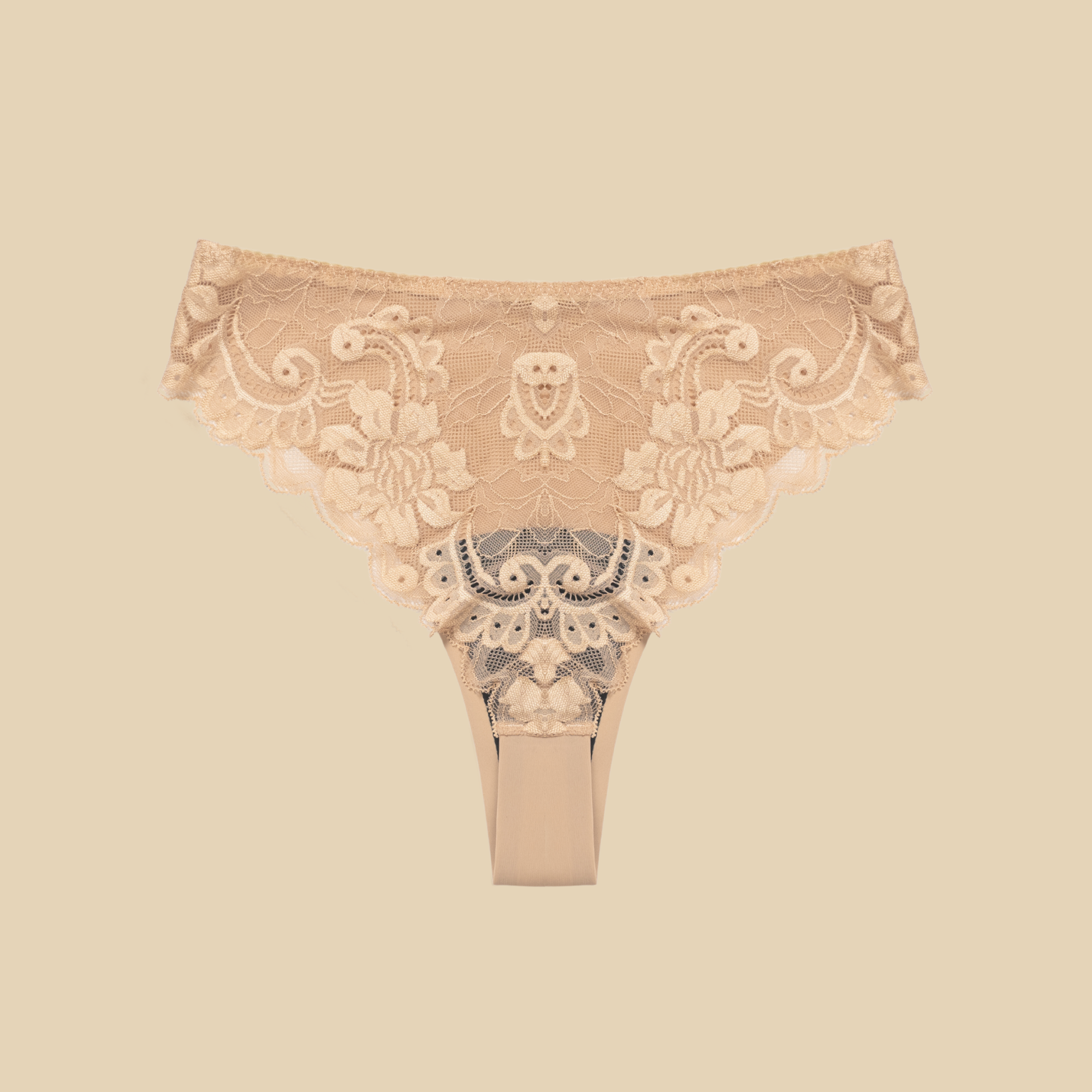 dais daily underwear which is a sustainable alternative to panty liners and tampons. Used for light periods and discharge. In Brazilian cut with lace and beige colour shown from the back. 
