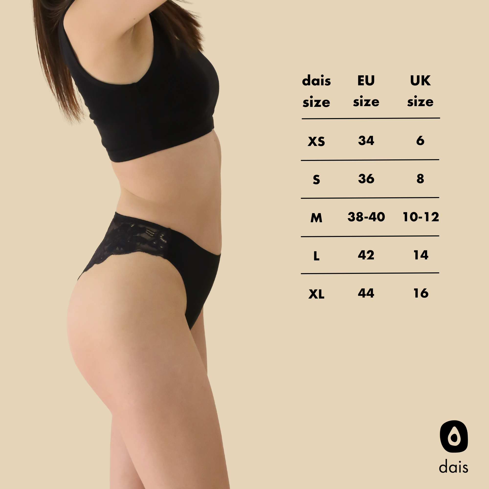 Size chart dais daily underwear in brazilian lace available in sizes XS, S, M, L, XL with EU and UK size conversions. 
