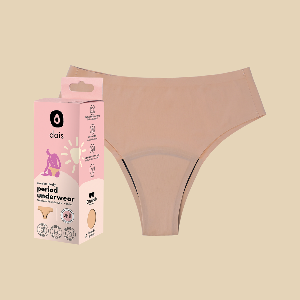 dais period underwear in cheeky cut in beige colour shown with modern packaging. 