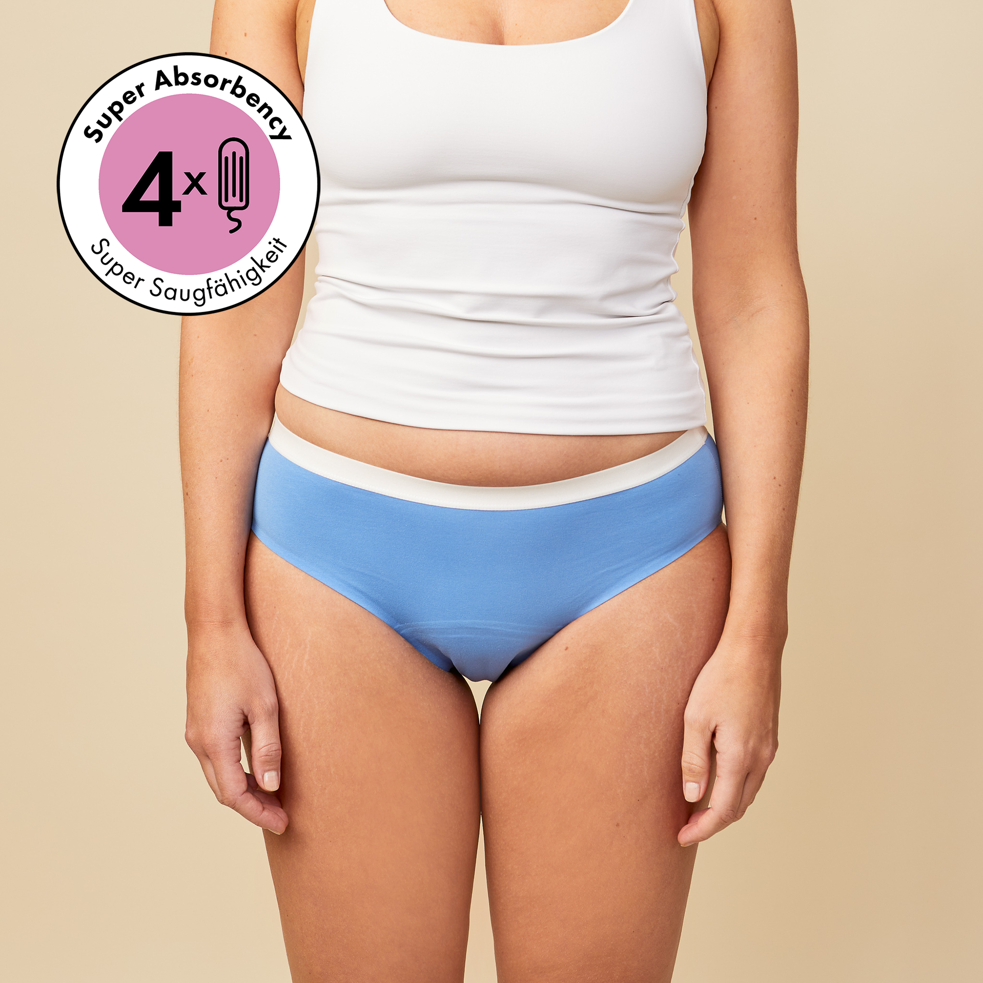 dais Period Underwear in hipster cut, blue colour with a white trim made of cotton. Designed for teenagers and super absorbent up to 4 tampons with of blood.