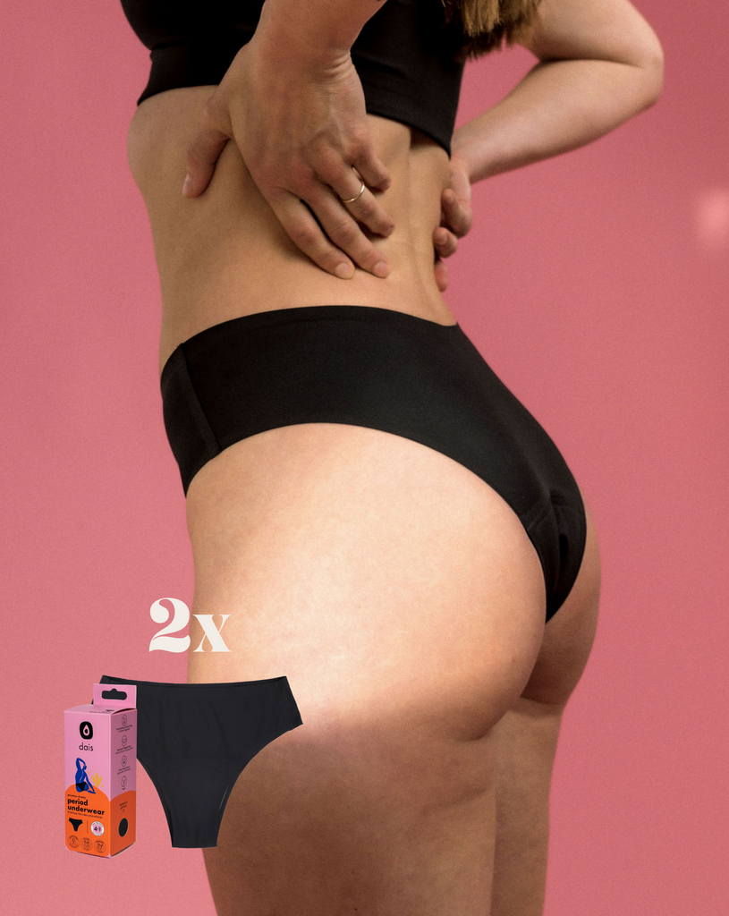 dais period underwear in cheeky cut in black available as a 2x pack for a 10% discount.