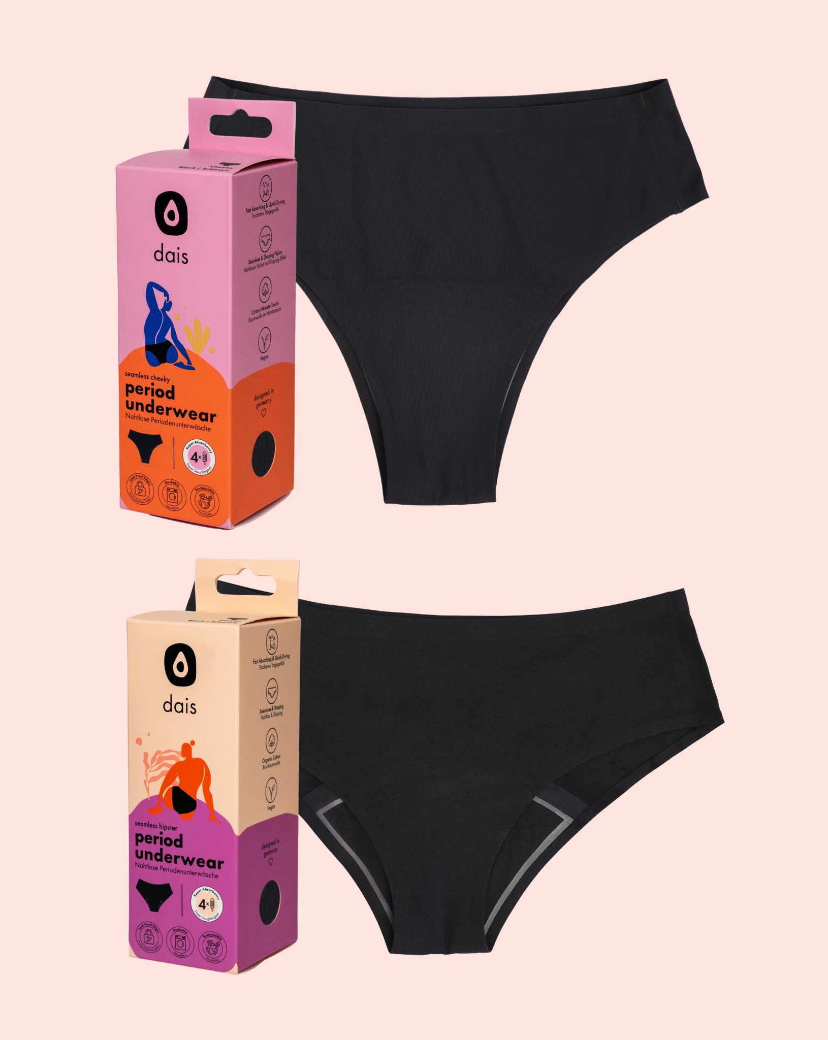 dais period underwear multipack Cheeky and Hipster featured on different models. One is the cheeky dais period underwear made of nylon and the other is the hipster dais period underwear made of organic cotton.