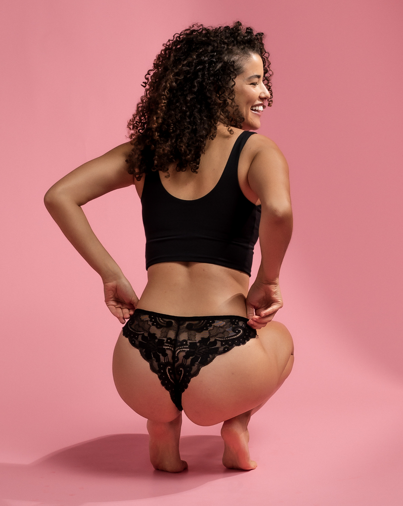 Black light period underwear from dais in a Brazilian cut with lace on the back.