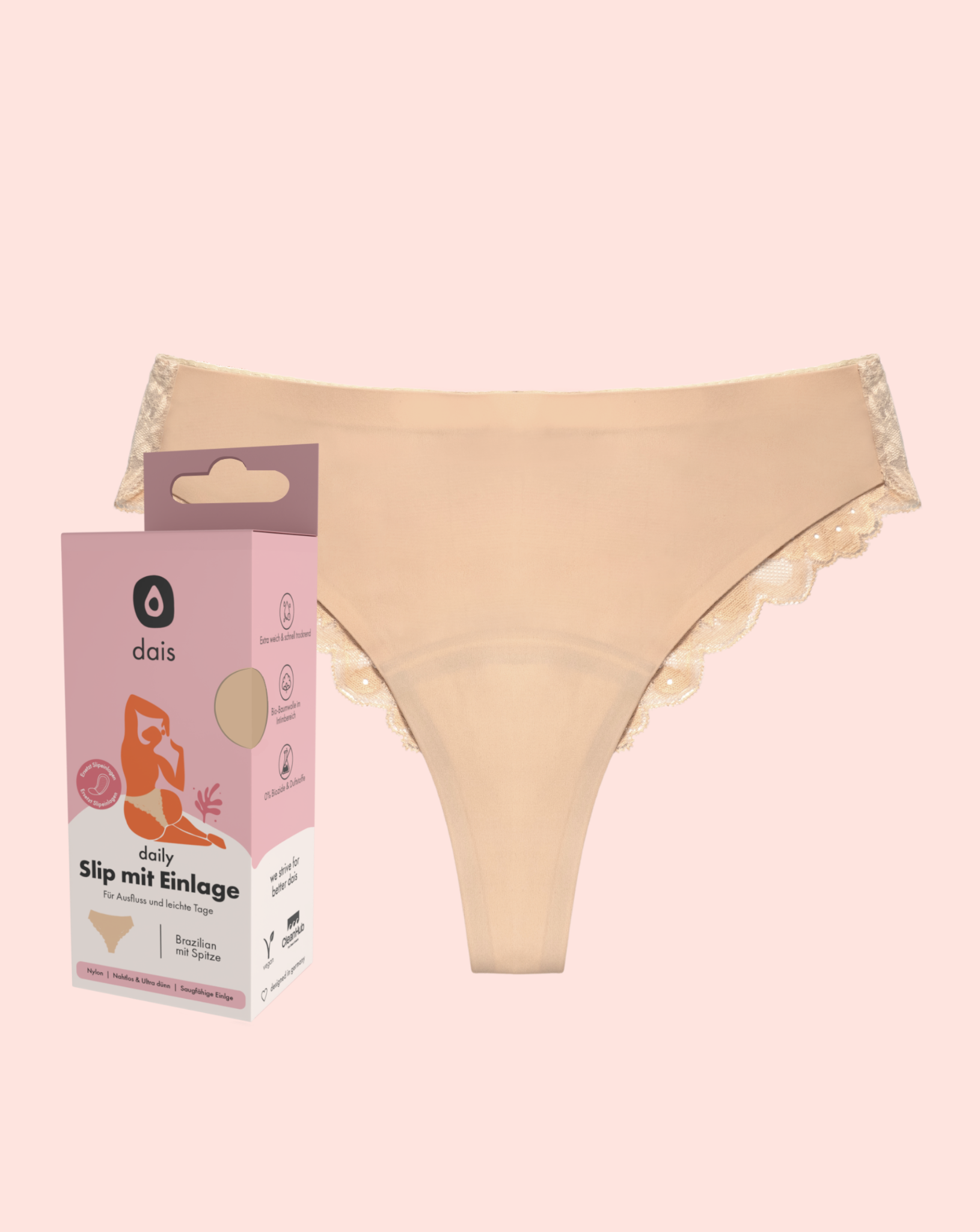 dais daily underwear which is a sustainable alternative to panty liners and tampons. Used for light periods and discharge. In Brazilian cut with lace and beige colour. Available in a set of 3 and 10% discount.
