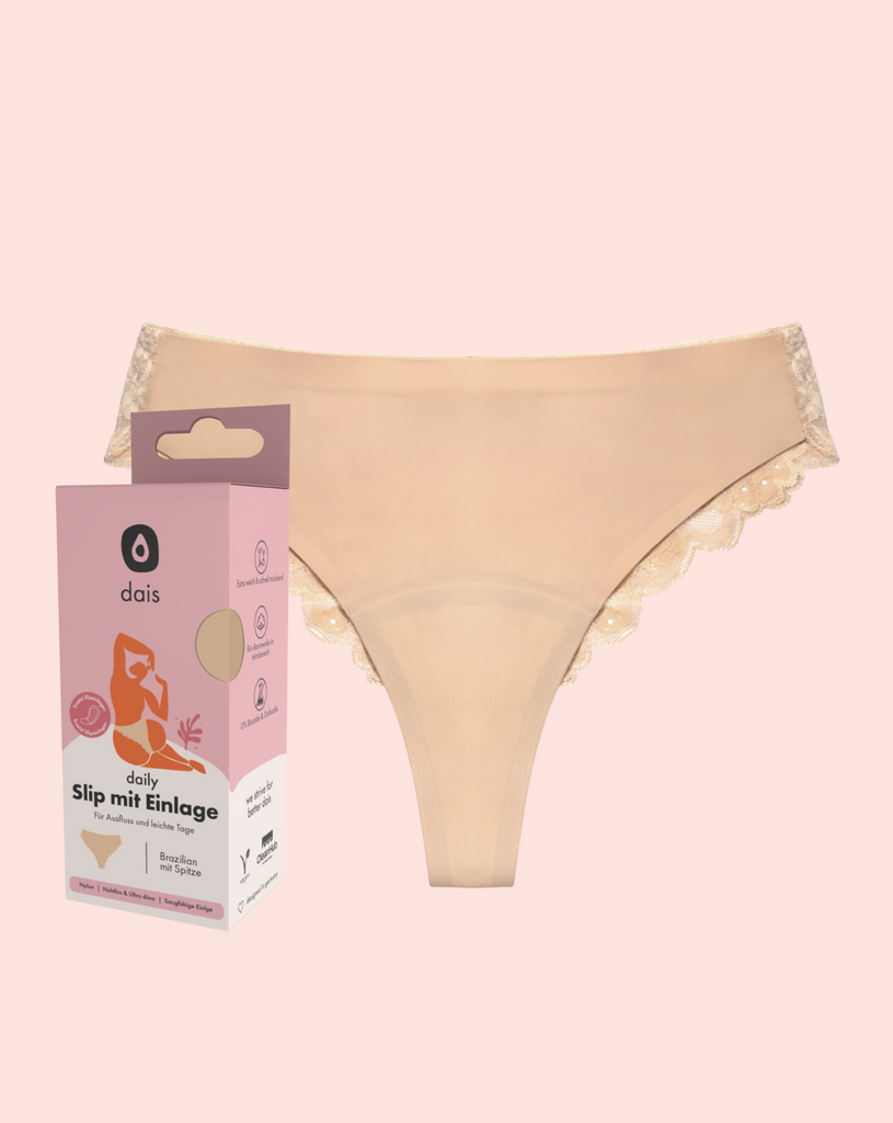 Beige light period underwear from dais in a Brazilian cut with lace on the back.