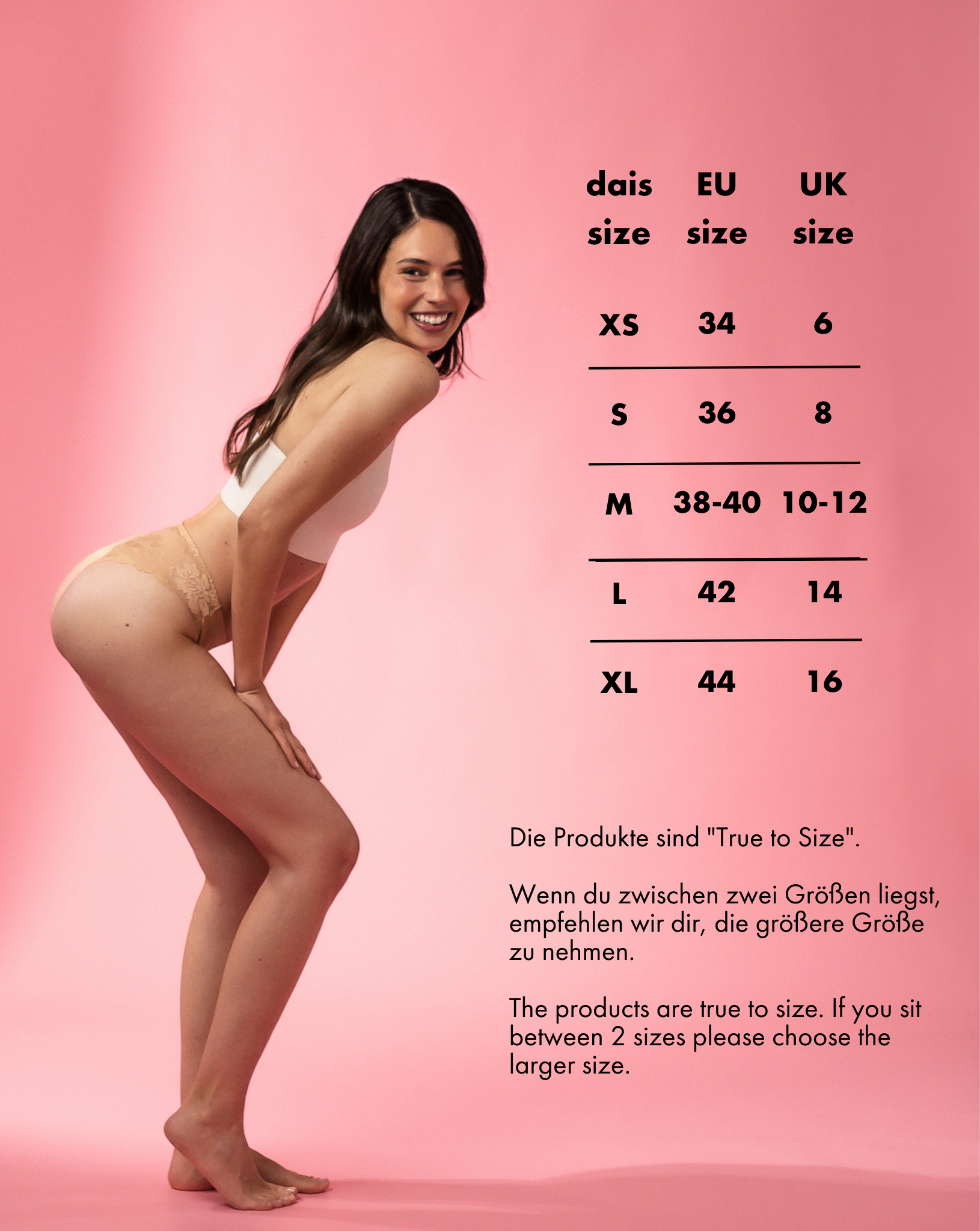 dais daily underwear which is a sustainable alternative to panty liners and tampons. Used for light periods and discharge. In Brazilian cut with lace and beige colour. Available in a set of 3 and 10% discount. size chart