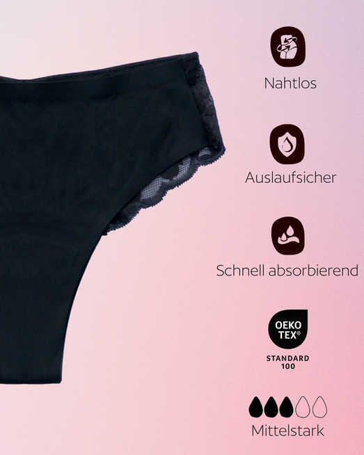 Periodenunterwäsche-Brazilian mit Spitze-Schwarz-Leicht