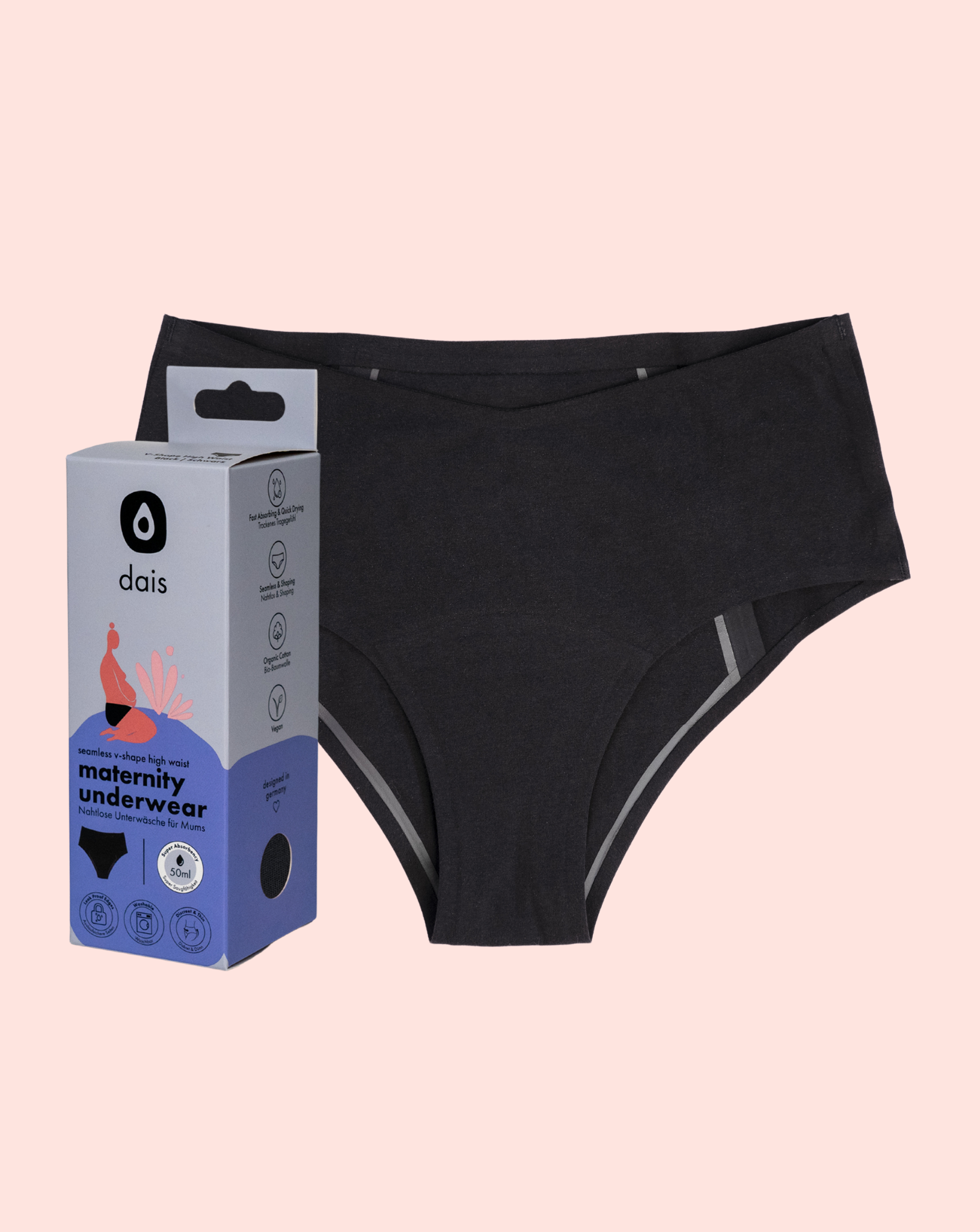 dais maternity absorbent underwear shown with modern packaging to the side.