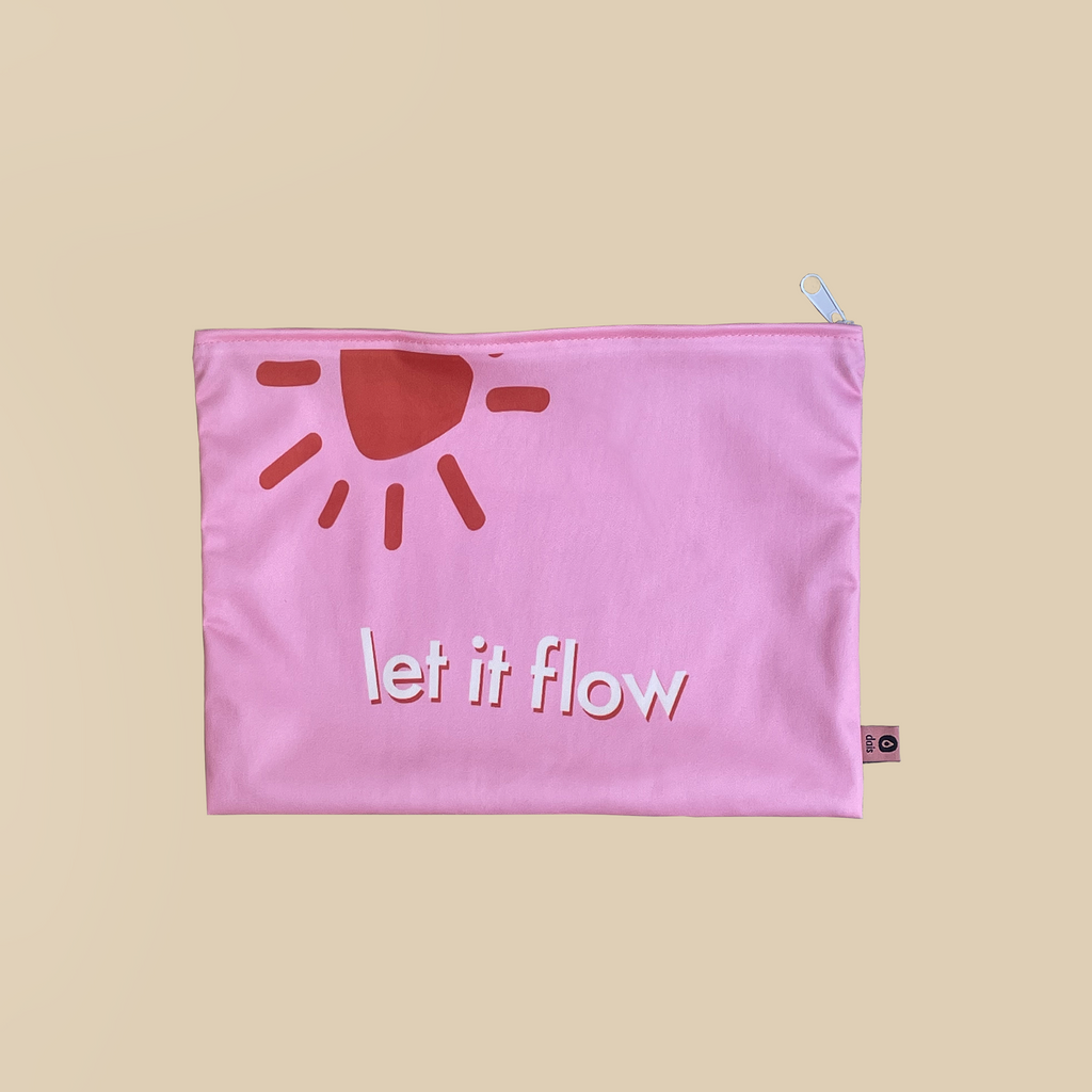 dais pink wetbag designed to carry dais period underwear in design with "let it flow" written in white letters. 