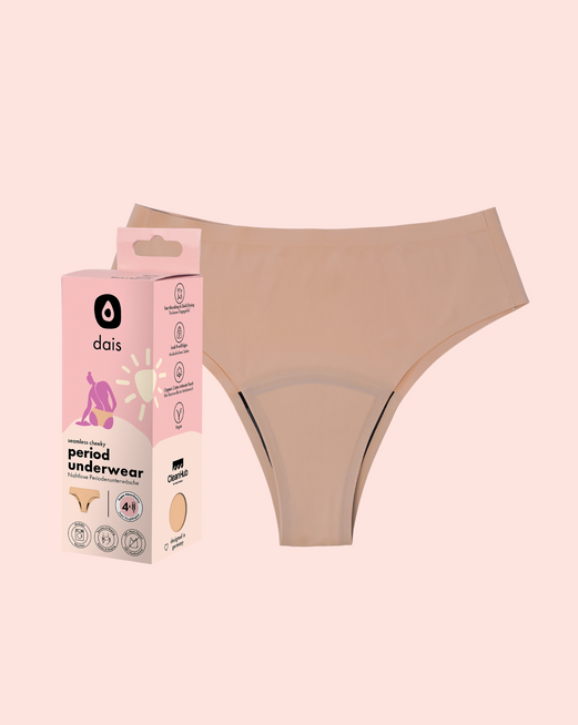 dais seamless period underwear with cheeky cut in beige colour made of nylon available in 2x set with 10% discount shown from the front.