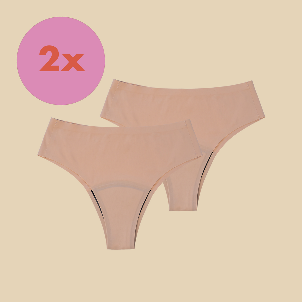 dais seamless period underwear with cheeky cut in beige colour made of nylon available in 2x set with 10% discount shown from the front. 