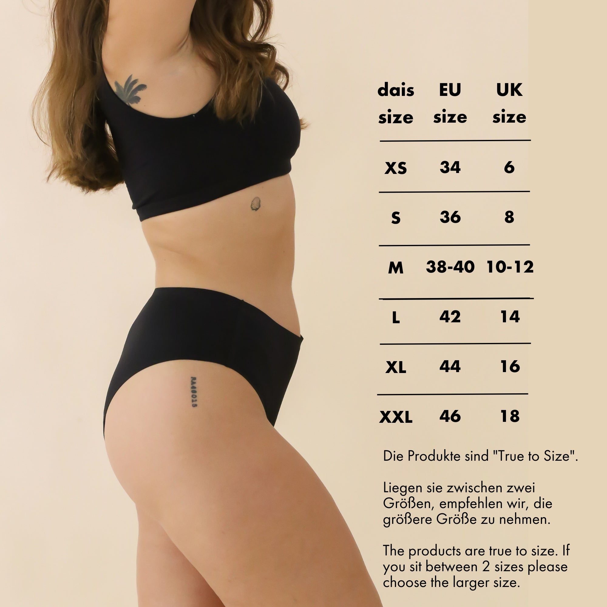 Size chart for dais period underwear in hipster and cheeky cut with options XS, S, M, L, XL,XXL with EU and UK size conversions.