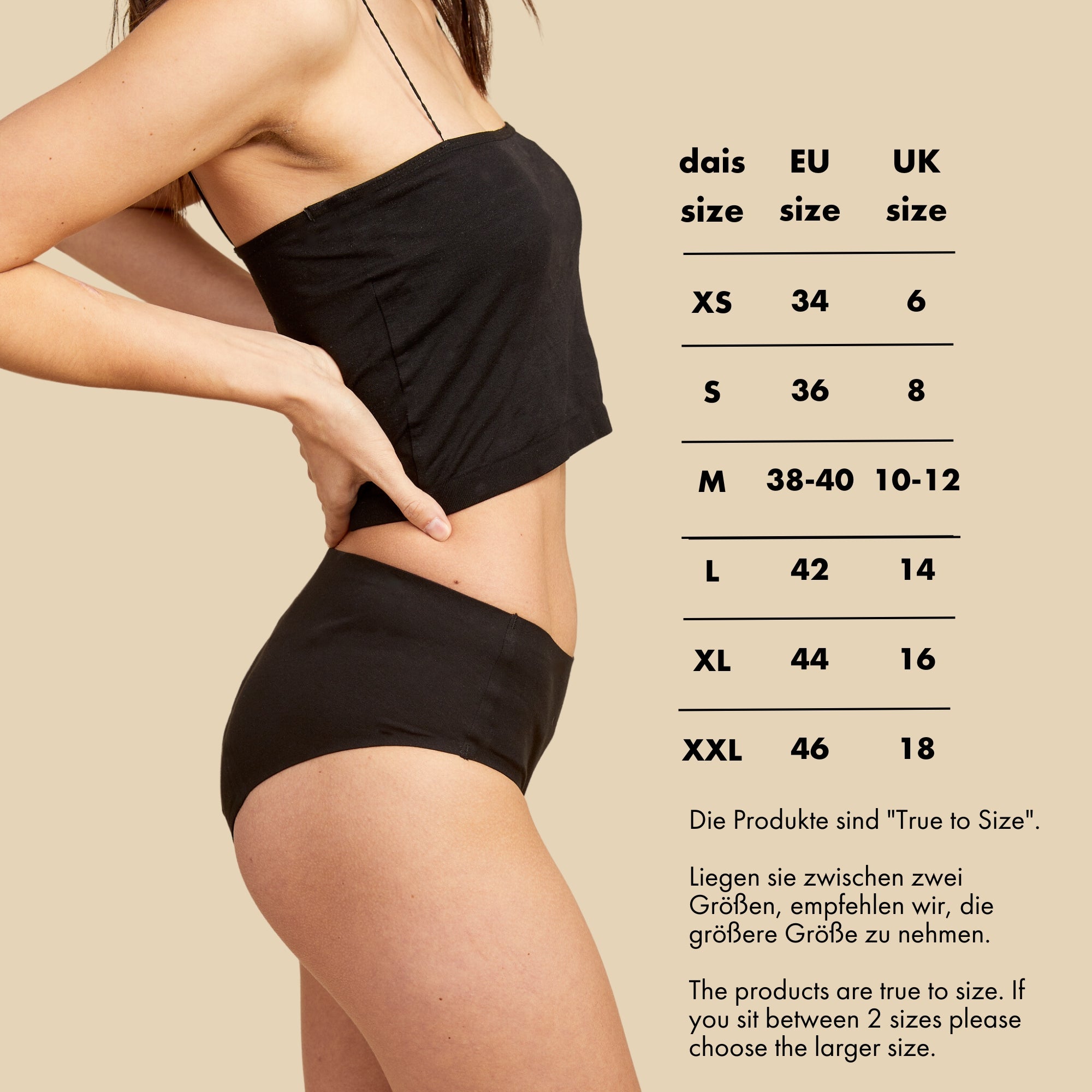 Size chart for dais period underwear in hipster cut with options XS, S, M, L, XL,XXL with EU and UK size conversions.