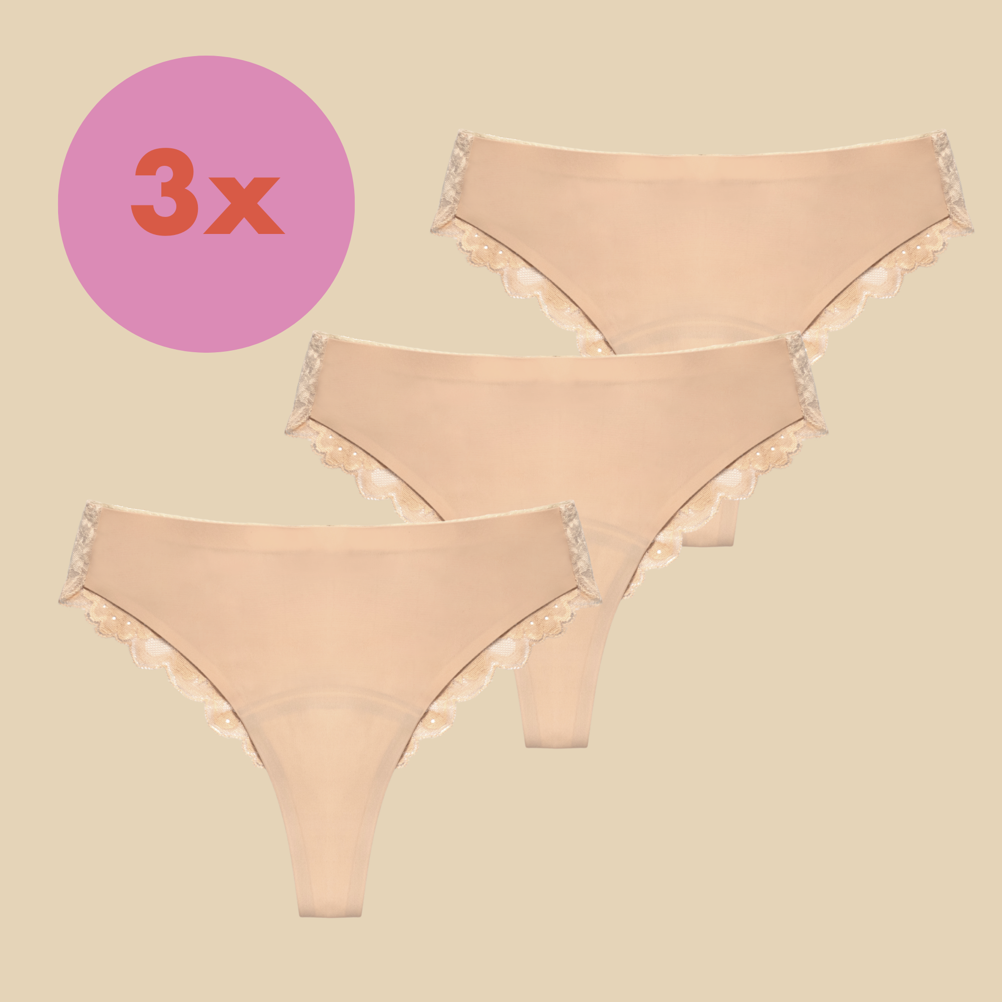 dais daily underwear which is a sustainable alternative to panty liners and tampons. Used for light periods and discharge. In Brazilian cut with lace and beige colour. Available in a set of 3 and 10% discount. 