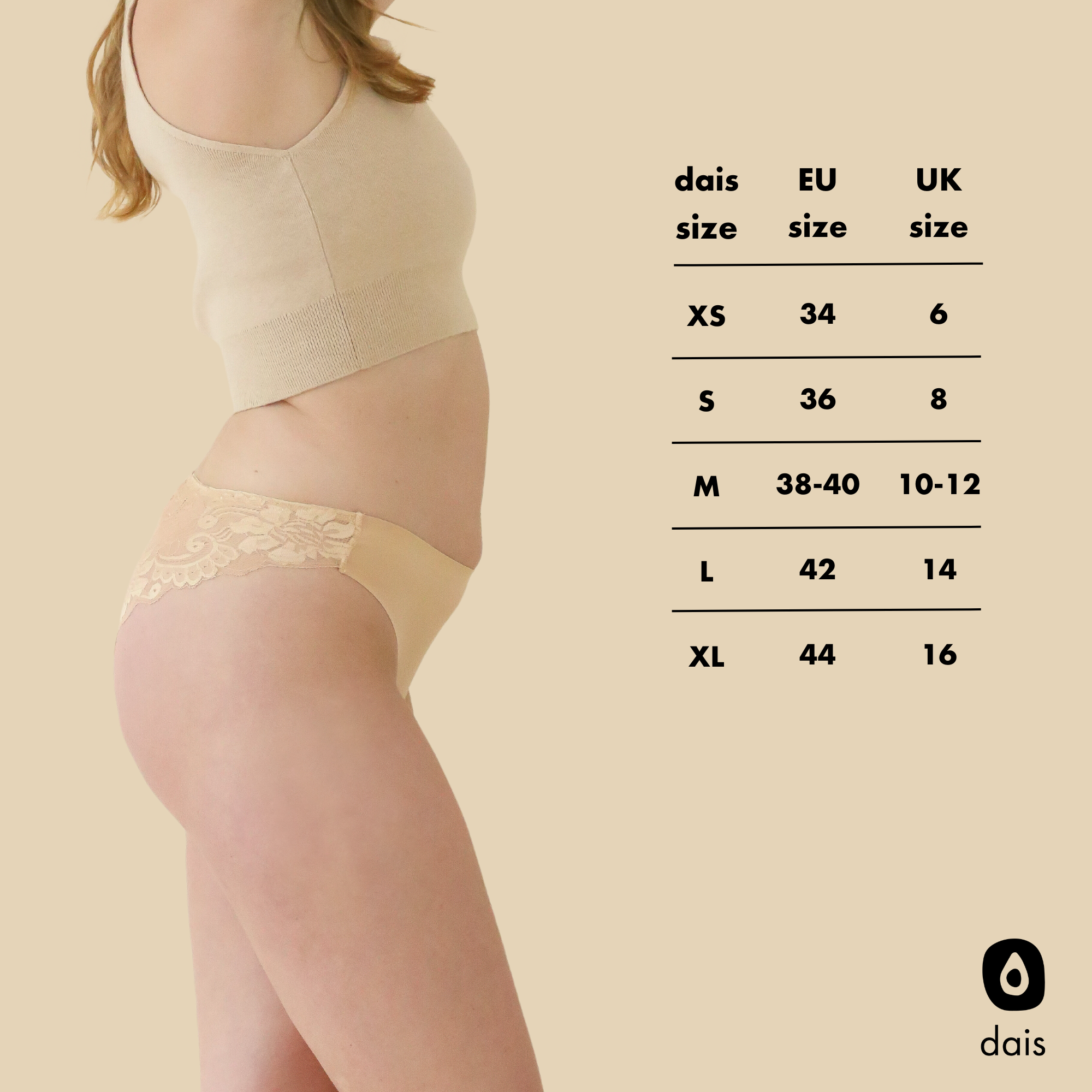 Size chart for dais daily underwear in brazilian cut with lace in beige. Sizing options of XS, S, M, L and XL and EU and UK size conversions.