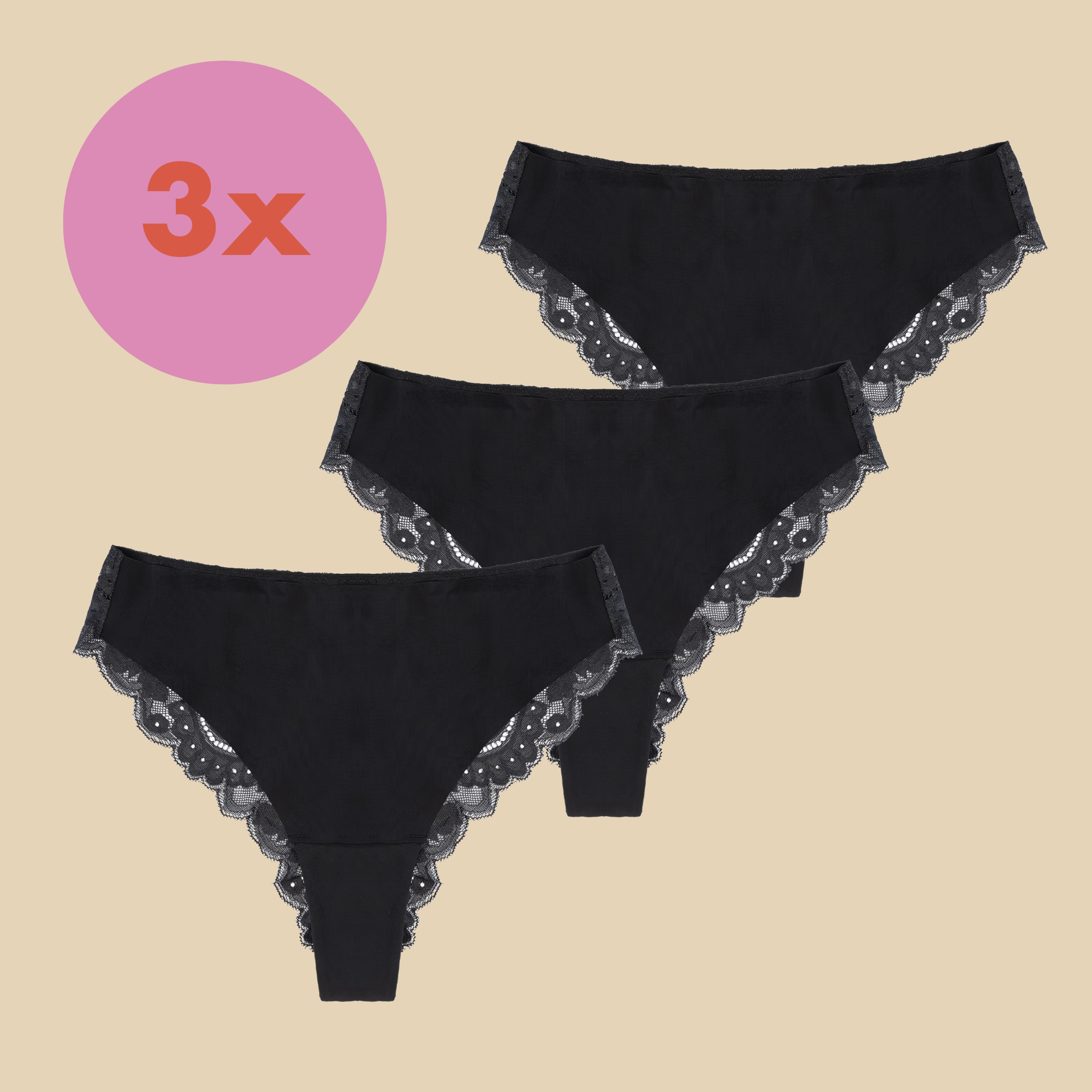 dais daily underwear which is a sustainable alternative to panty liners and tampons. Used for light periods and discharge. In Brazilian cut with lace and black colour. Available in a set of 3 with 10% discount.