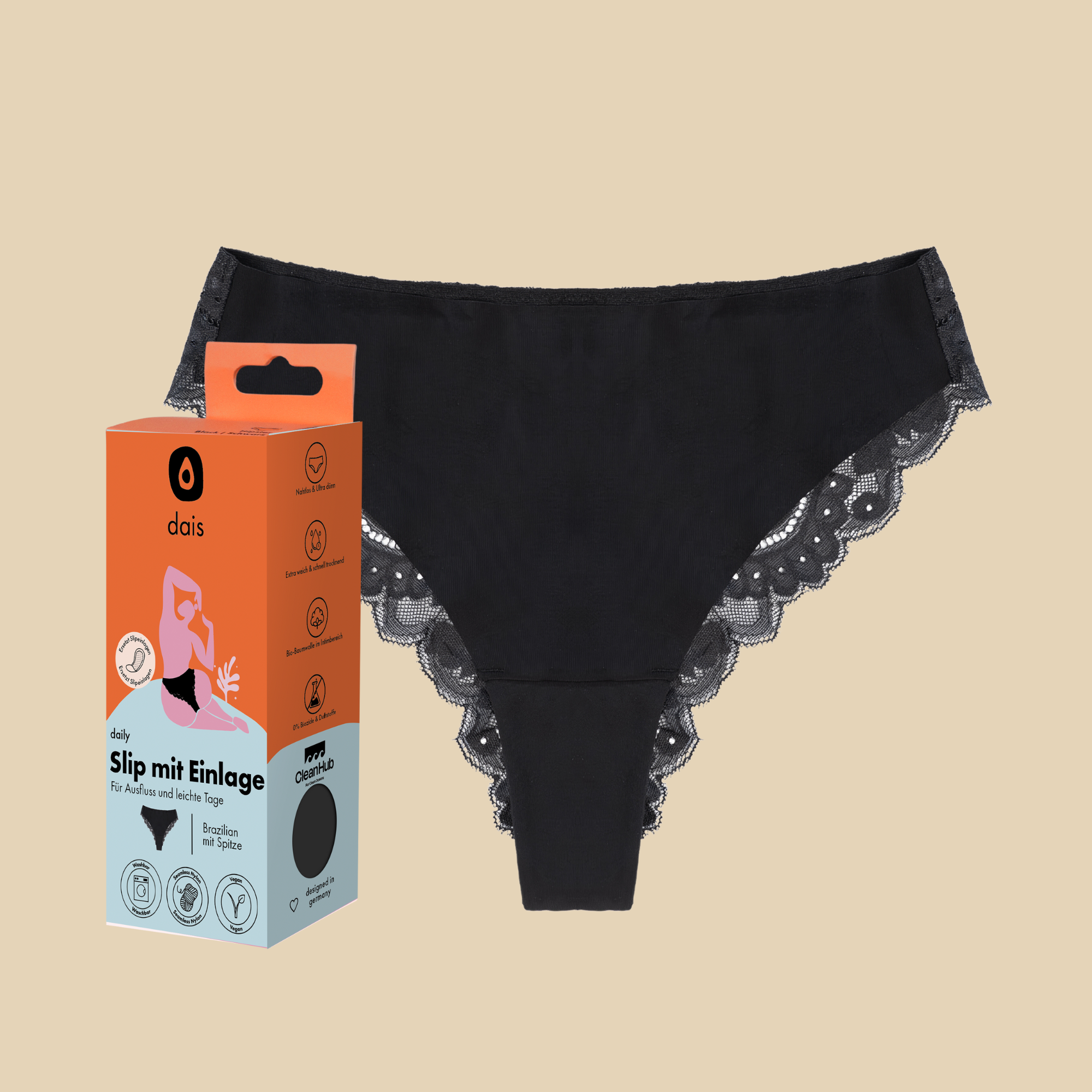 dais daily underwear in brazilian cut with lace in black colour. Product shown with modern packaging.
