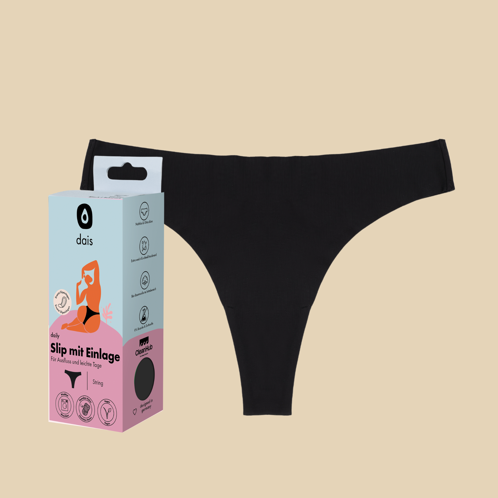 dais daily underwear in thong cut in black colour. Product shown with modern packaging.
