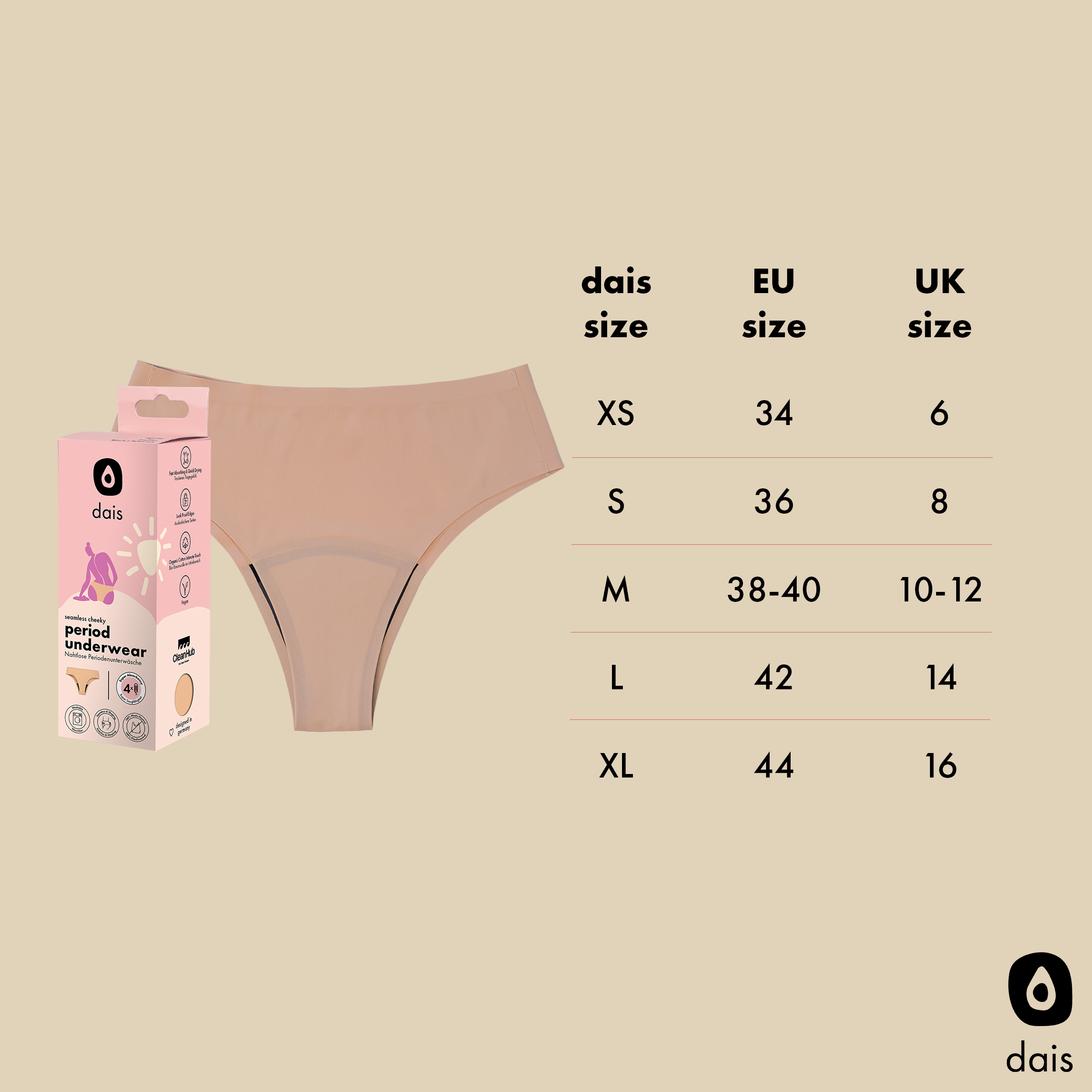 Size chart for dais period underwear in cheeky cut in beige showing the size options of XS, S, M, L, XL with EU and UK conversions.