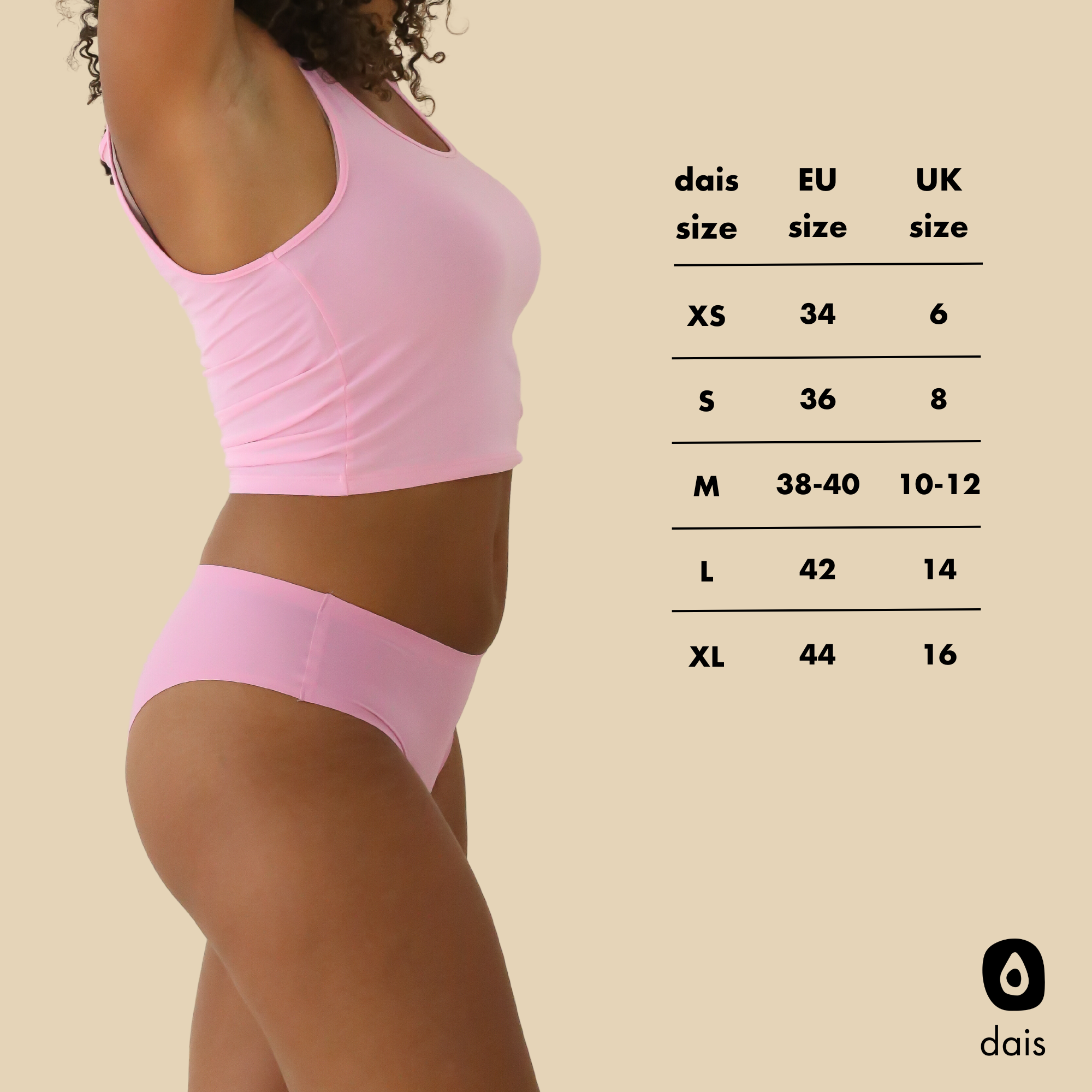Size chart for dais period underwear cheeky in pink with size options of XS, S, M, L, XL with EU and UK size conversions.