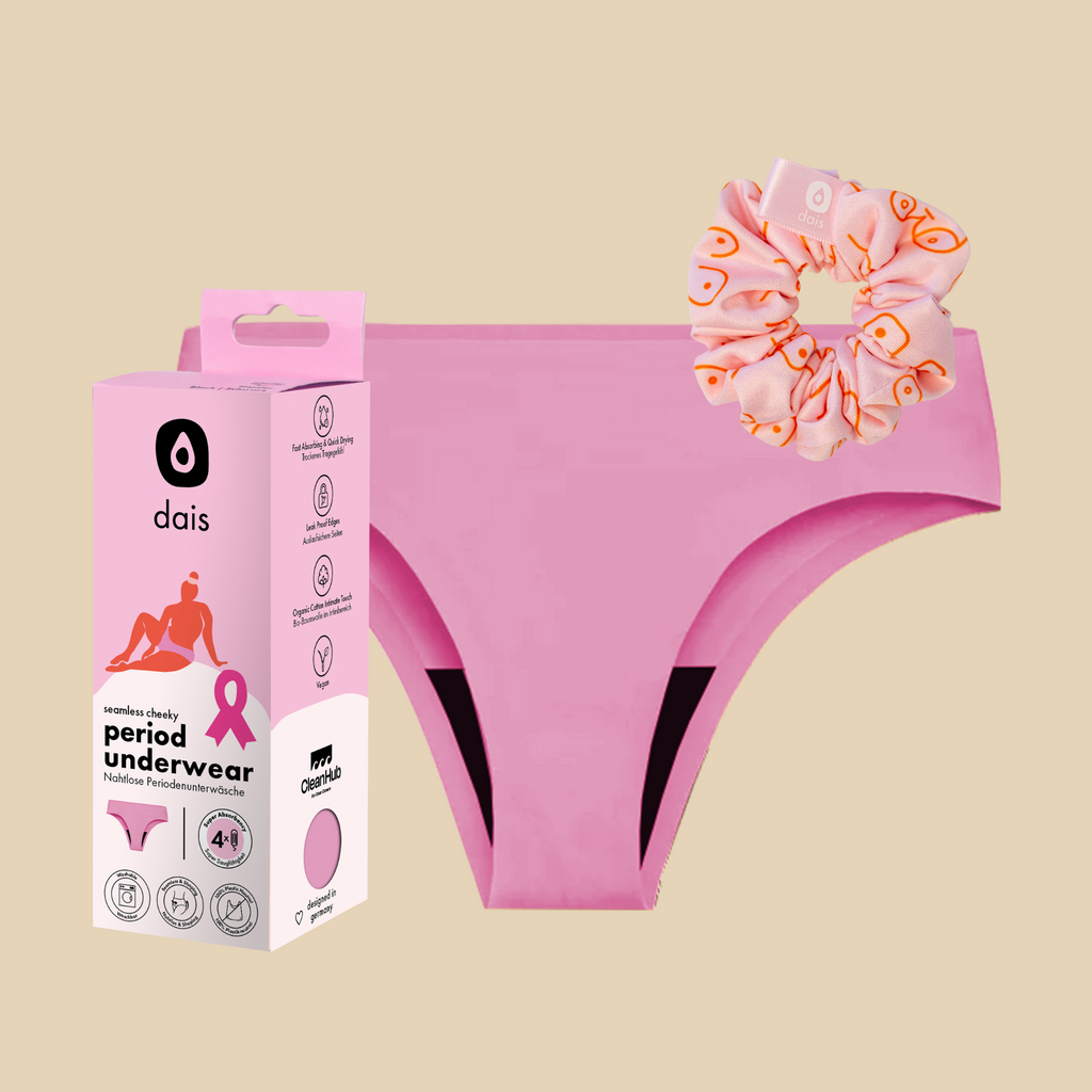 dais period underwear cheeky cut in pink with invisibobble pink sprunchie hair accessory shown with modern packaging. 