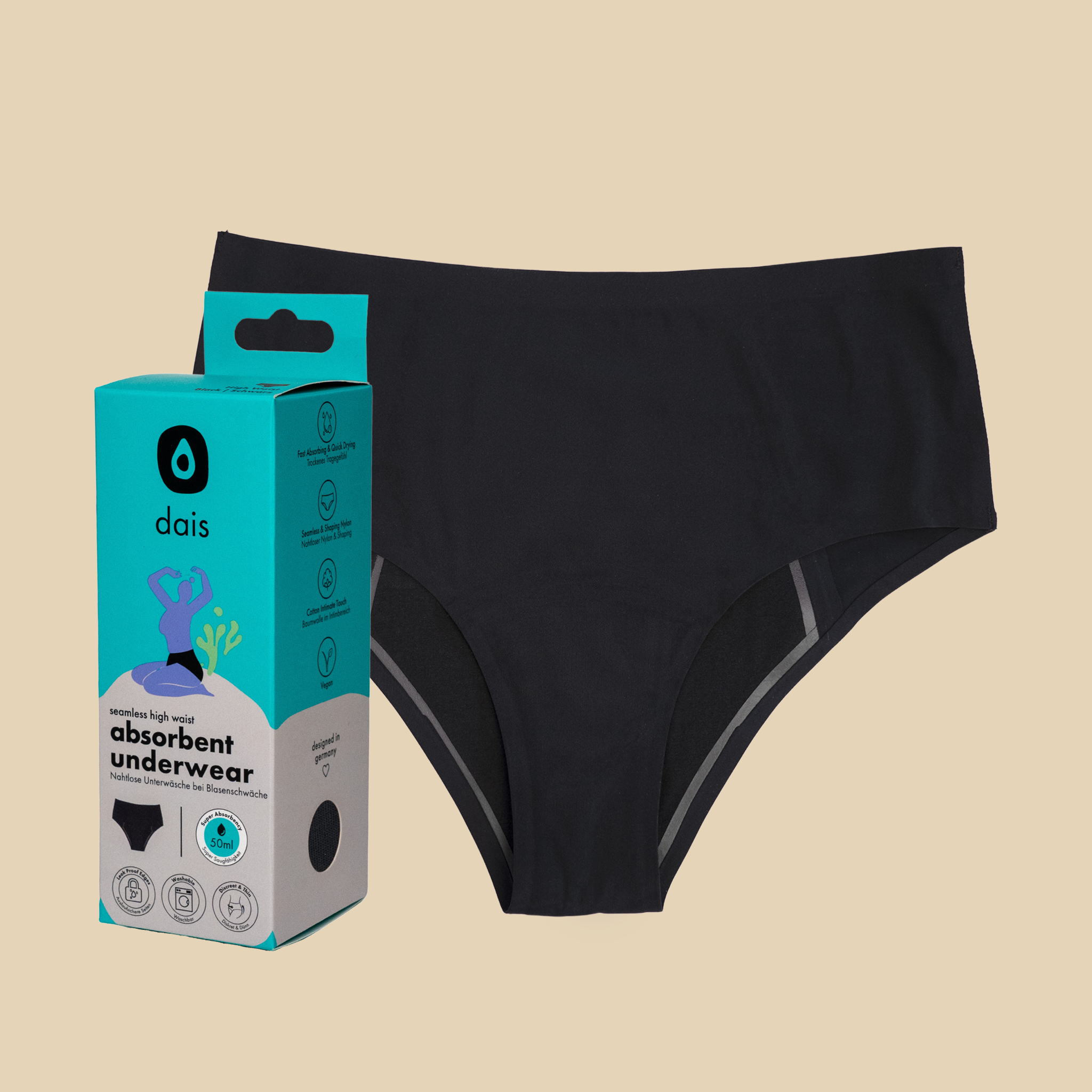 dais absorbent bladder leak underwear shown with modern packaging.