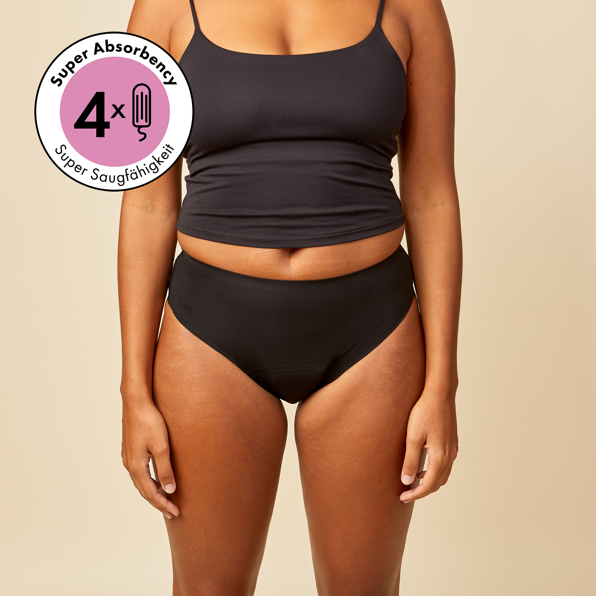 Cheeky Period Underwear made of nylon shown worn by a model from the front. Icon showing super absorbency of the underwear of 4 tampons worth of blood. 