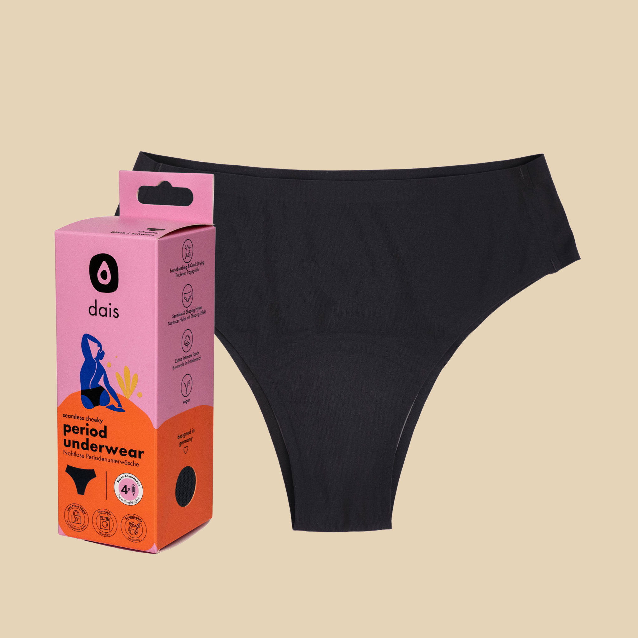 dais period underwear in cheeky cut in black with modern packaging