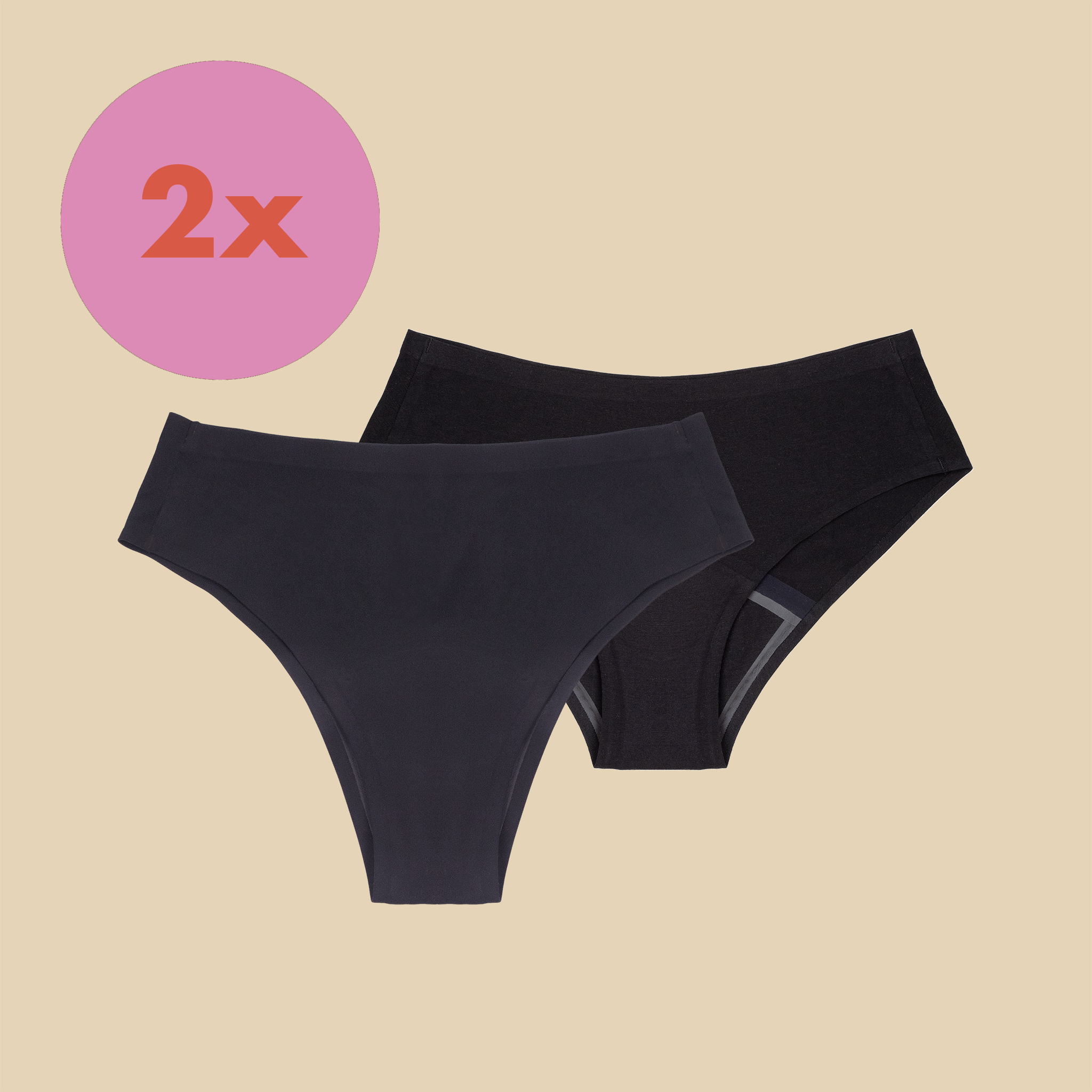 dais period underwear multipack with 2 units. One is the cheeky dais period underwear made of nylon and the other is the hipster dais period underwear made of organic cotton.