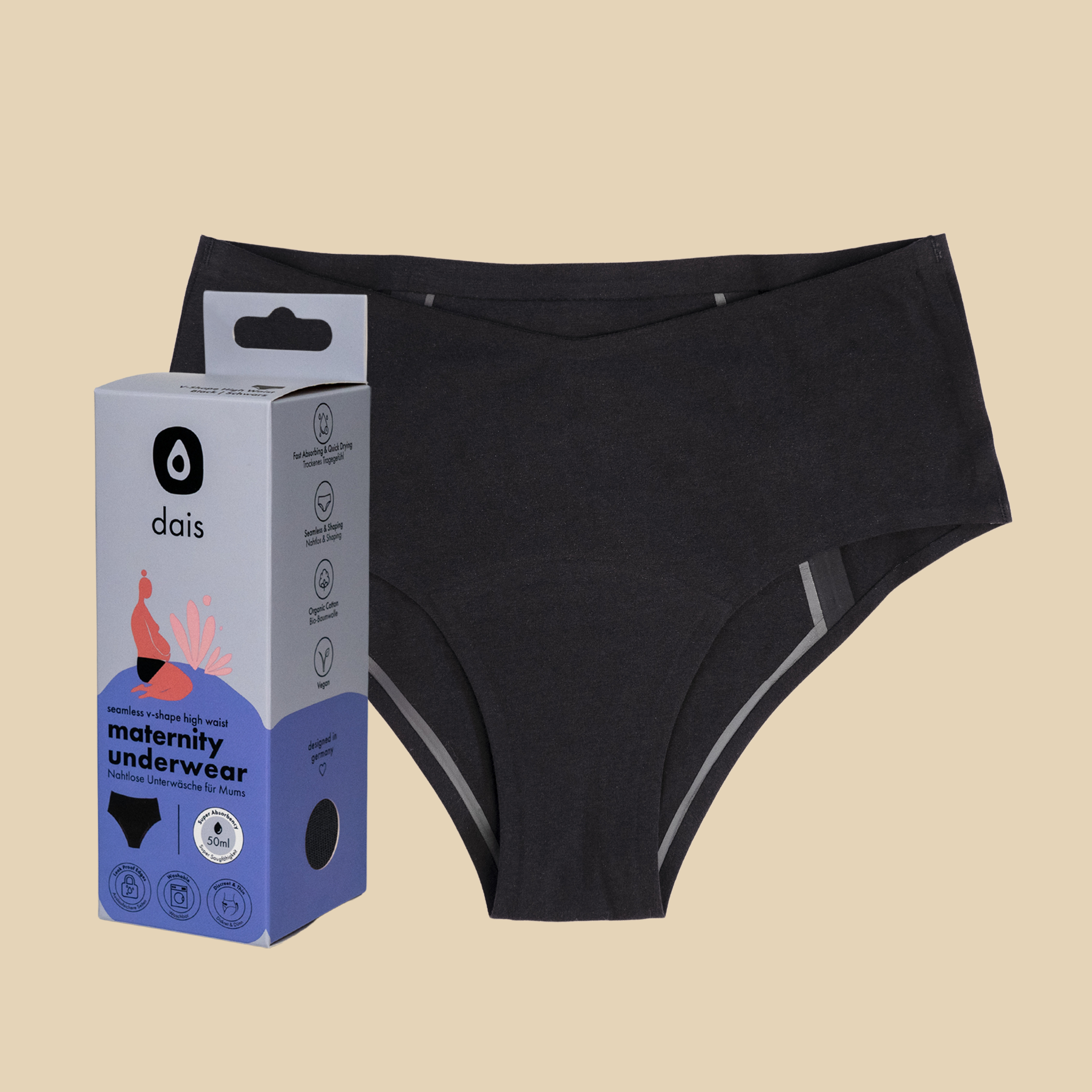 dais absorbent maternity underwear with high waist cut in black colour shown with modern packaging