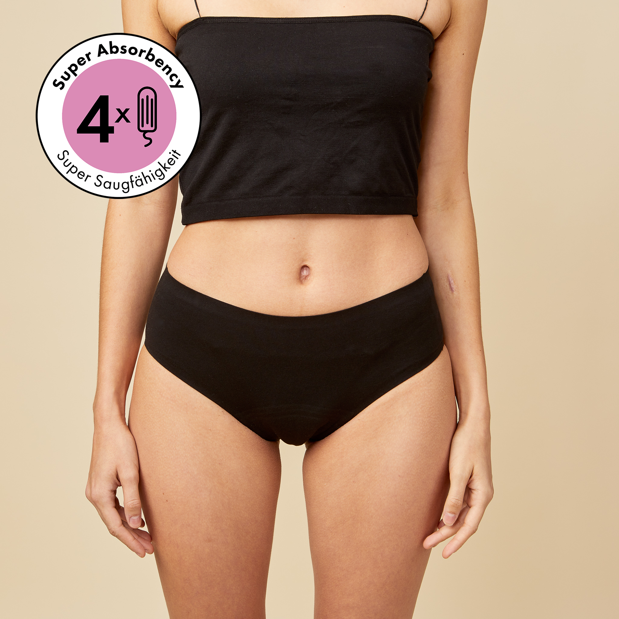 dais Hipster Period Underwear made of organic cotton shown from the front. An icon showing that the underwear is super absorbent up to 4 tampons worth of blood.
