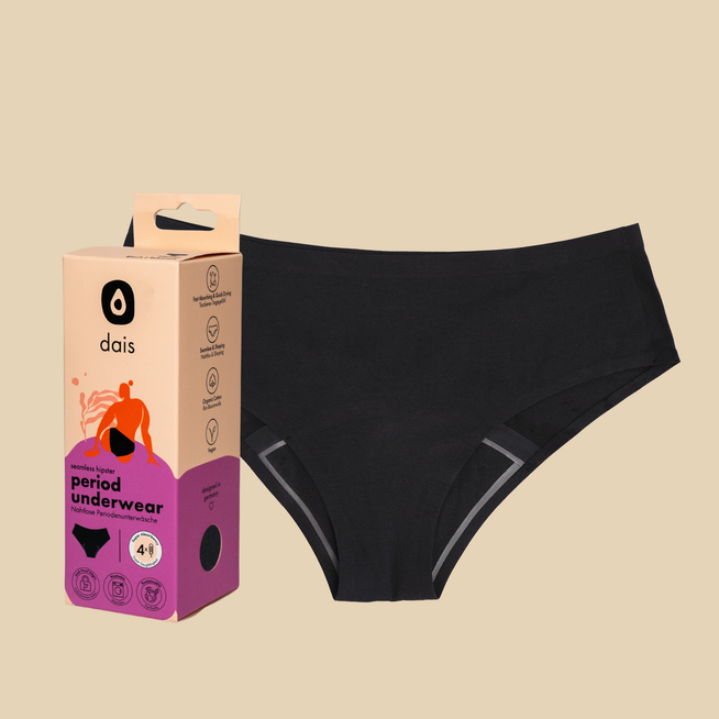 dais period underwear in hipster cut in black, shown with modern packaging. 